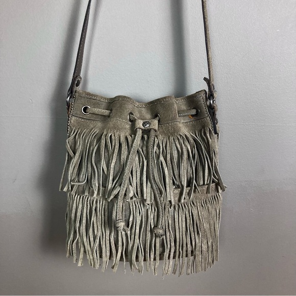 Patricia Nash Bronte Gray Suede Bohemian Drawstring Bucket Bag fringe - Picture 6 of 16